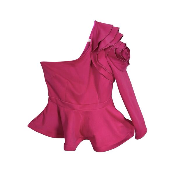 CQ By CQ Womens Sz L Pink One Shoulder Floral Peplum Top Feminine Girly Stretch - Picture 1 of 6